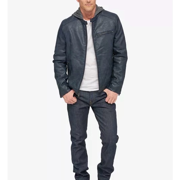 Men's Blue Faux Leather Jacket with Hood - Picture 4 of 12